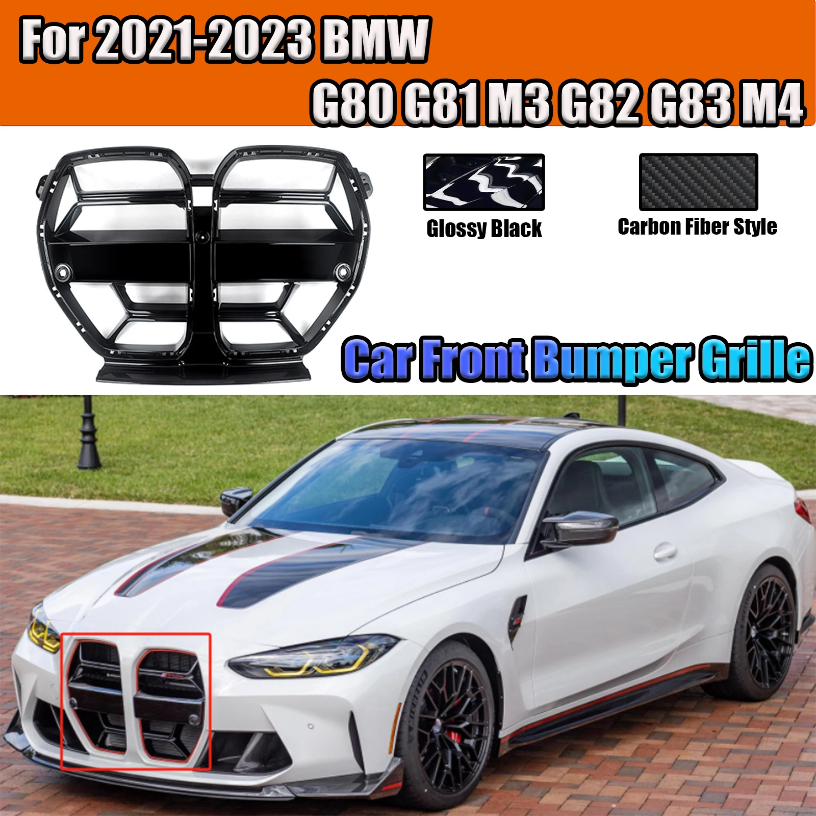 Car Front Bumper Grille For 2021-2023 BMW G80 G81 M3 G82 M4 G83 Carbon Fiber Style Grill Hood ACC Glossy Black Car Exterior Part