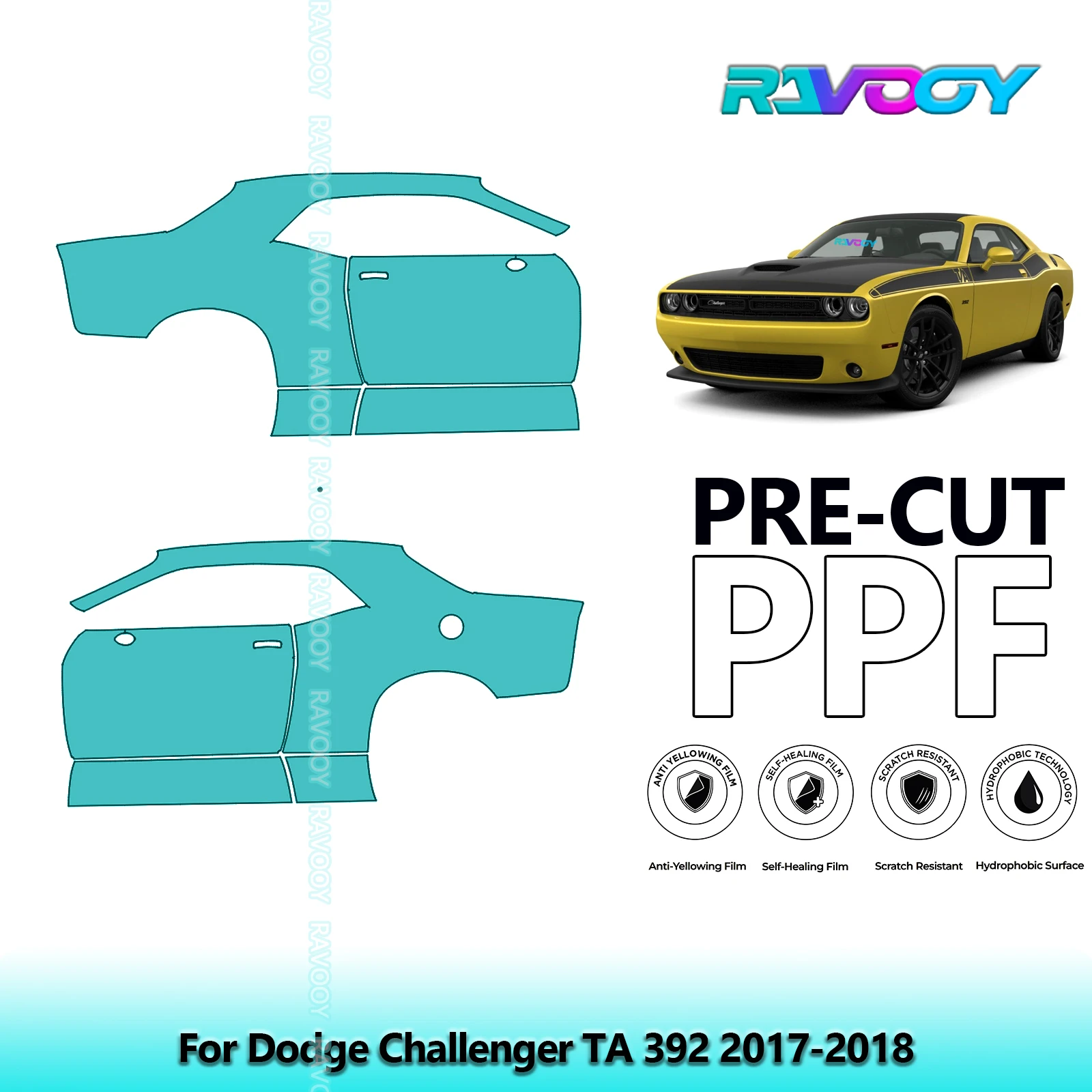 

For Dodge Challenger TA 392 2017-2018 8.5mil Clear Matte Pre-Cut PPF Door & A/B Pillar Kit TPU Paint Protection Film Set