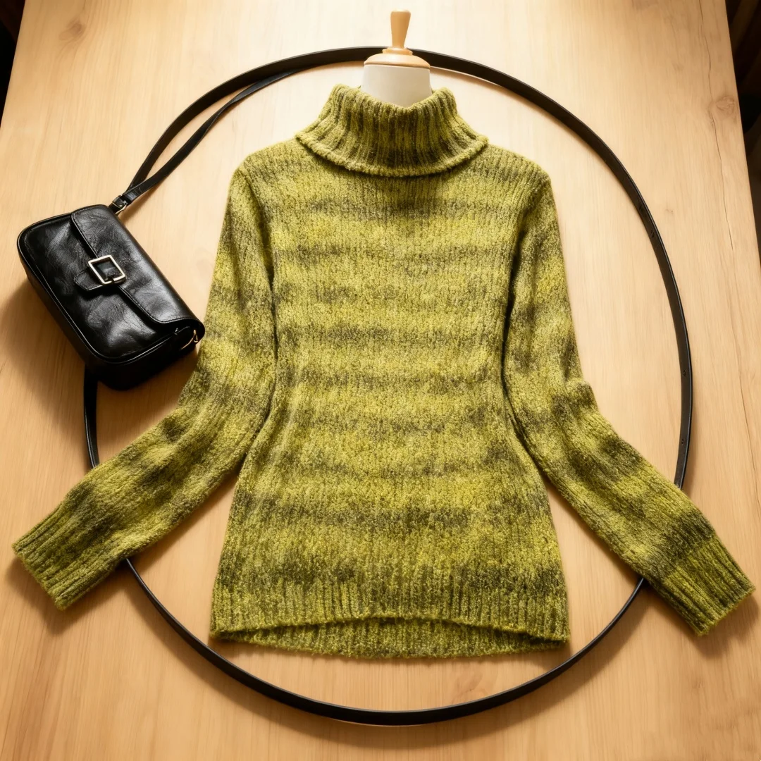 레트로 Y2K 그린 스트라이프 하이넥 니트웨어 스웨터 트렌디한 빈티지 스타일 패션
