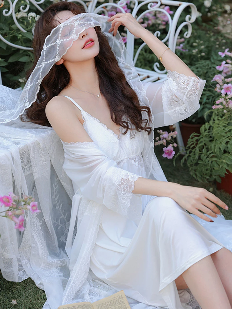 Women Summer Vintage Fairy Mesh Princess Robe Pajama Nightgowns Sexy V-neck Modal Robe Nightdress with Pads Victorian Sleepwear