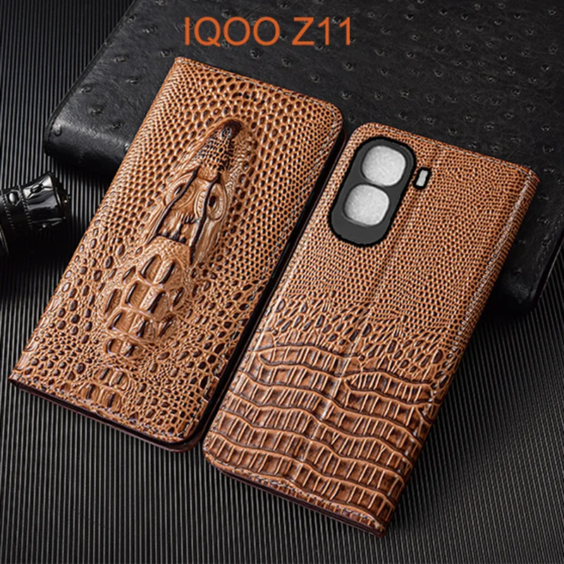 Crocodile Head Genuine Leather Flip Case For IQOO Z11 Turbo Z11X Phone Cover Card Cases Scratch Proof