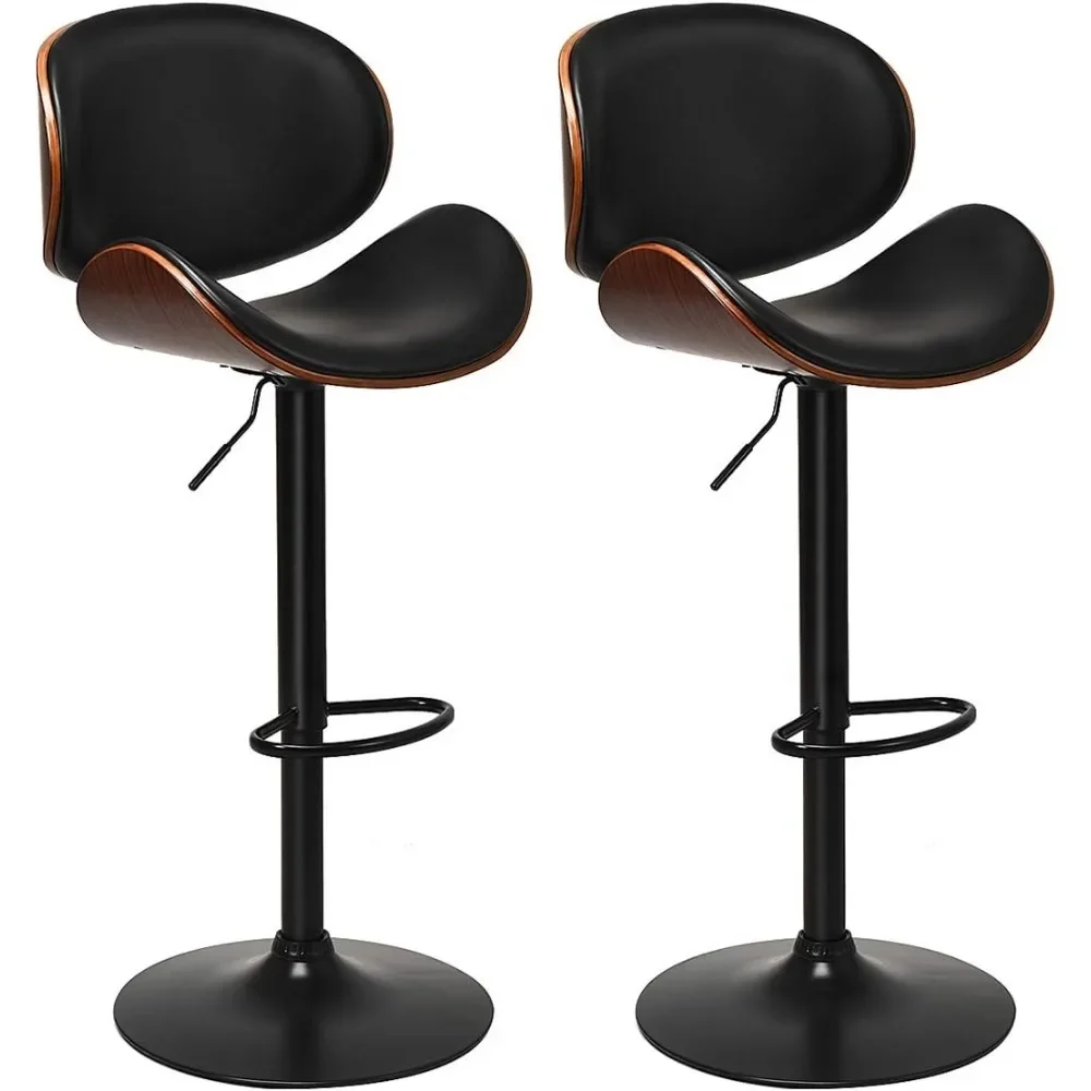 Bar Stools Set of 2, Adjustable Swivel Bentwood Barstools with Back, Large Iron Base, 360 Degree PU Leather Seat and Curved