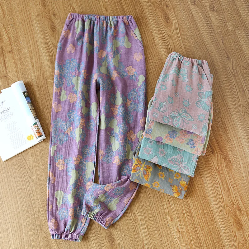 2024 New Spring Summer Women's Pajamas 100% Cotton Crepe Pants Ladies Double Sided Yarn dyed Beachwear Loose Home Pants