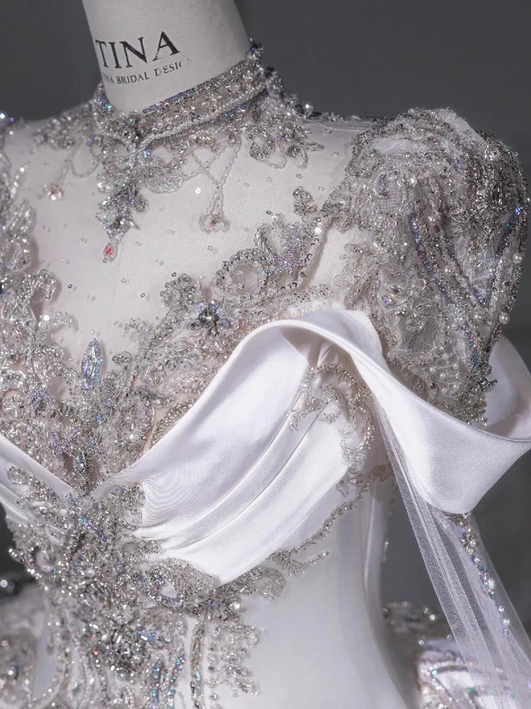 DFDG Damen 2025, weißes französisches Couture-Hochzeitskleid, luxuriöse schwere Stickerei, lange Schleppe, Hauptbrautkleid, Frühlings- und Sommerdesign