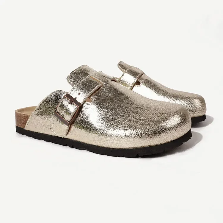 

Thick-soled Birkenstocks crack Bao-head half slipper lovers gold and silver slip-on half slip-on casual beach shoes