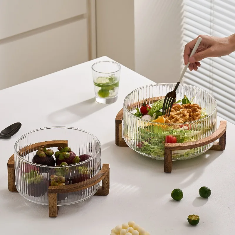 Simple vertical striped glass fruit plate salad bowl, self-service cold vegetable basin with lid storage for home use