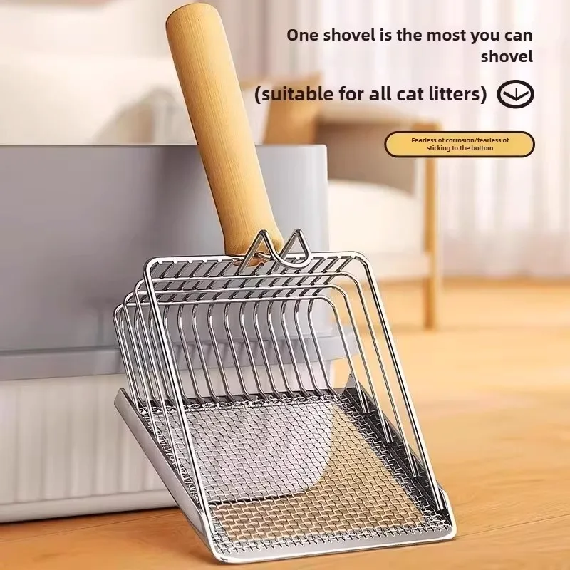 Cat Litter Shovel Wood Handle Metal Scooper with Hook Portable Stainless Steel Sifting Kitten Toilet Cleaning Tool Pet Products