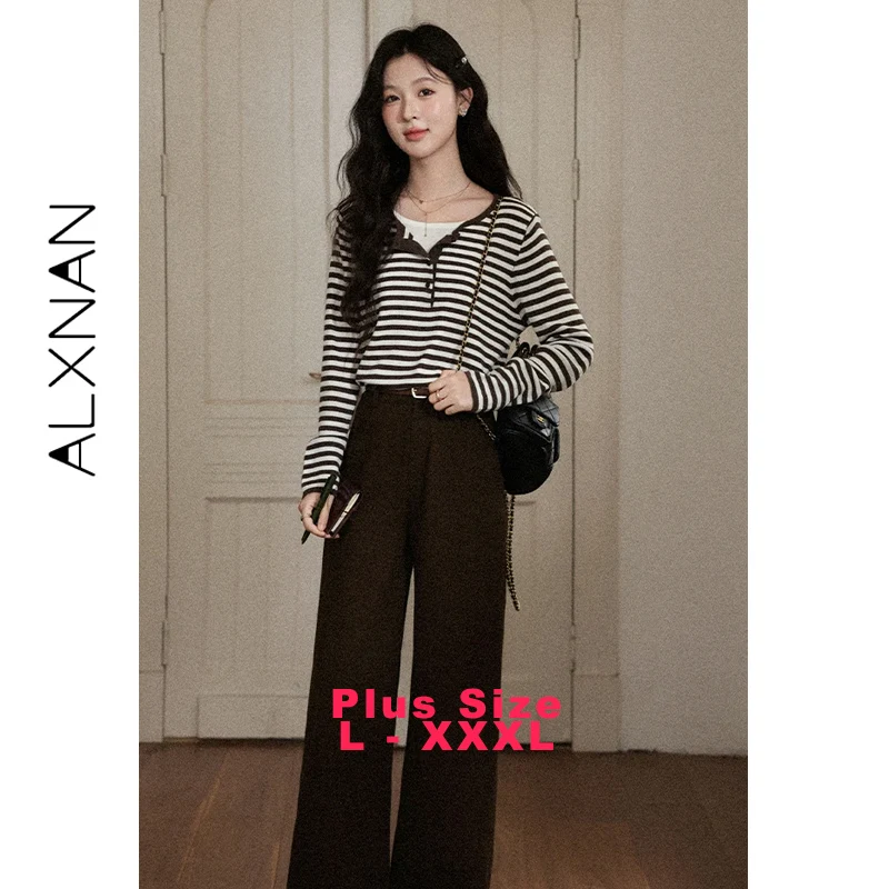 

ALXNAN Plus Size Striped Sweater Autumn Fake Two-piece Long Sleeve Knitwear Fashion Casual Loose-fit Wool Tops Female D13005