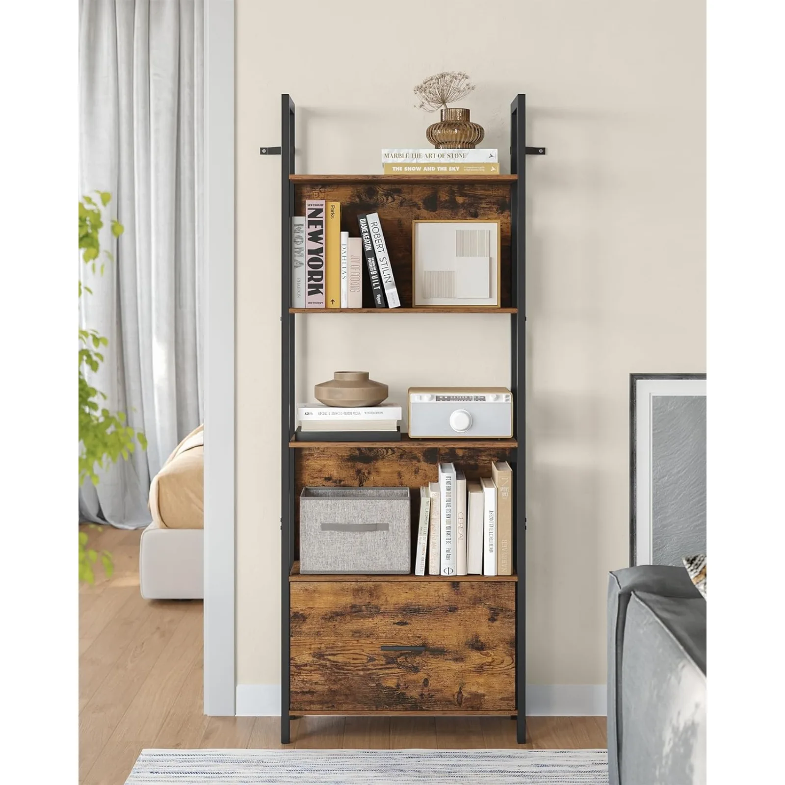 VASAGLE 5-Tier Bookshelf, Book Shelf with Drawer, Industrial Bookcase, with Steel Frame, for Living Room, Home Office