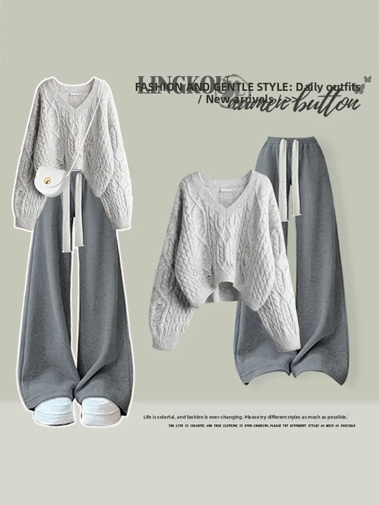 

Повседневный вязаный свитер и прямые брюки с высокой талией, комплект из двух предметов для женщин, антивозрастной осенний ансамбль Faion