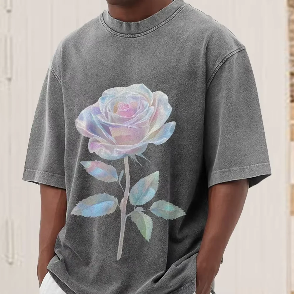 

Y2k Graphic T-Shirt Iridescent Rose Print Shimmering Romantic and Floral Cotton Clothes Soft Fabric for Love-Themed Casual Looks