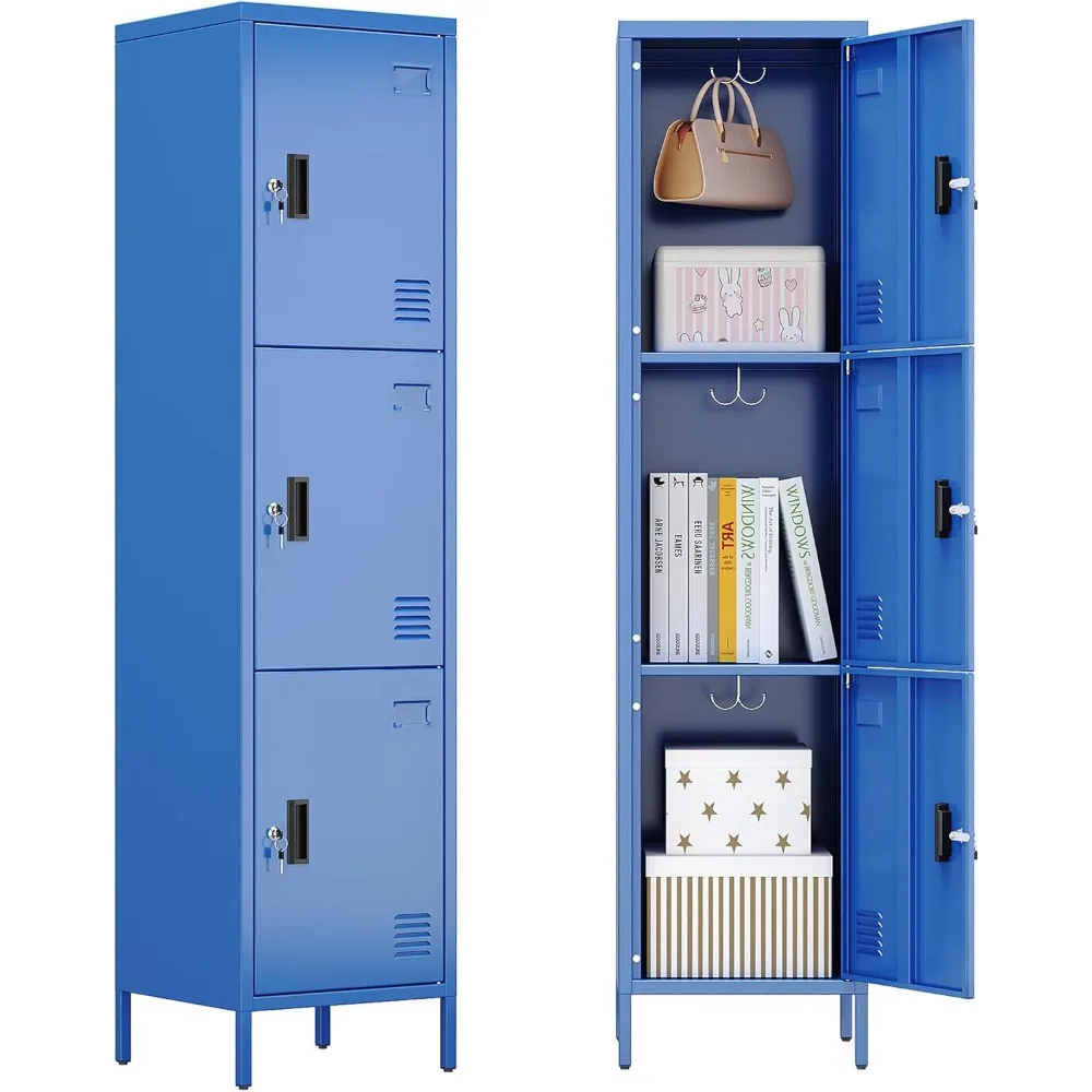 

Upgraded Lockable 3-Door Metal Lockers with Hooks for Home, Office, School, Gym - Blue, 66H x 15.75W x 15.75, Assembly Required