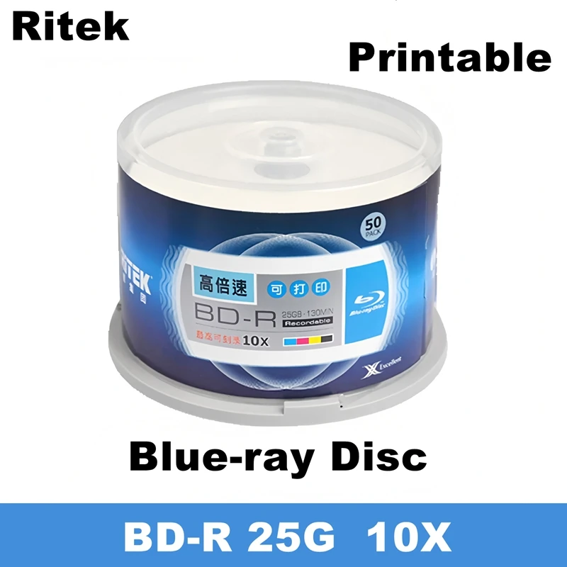 

50PCS Ritek BD-R 25GB 10X Speed Printable Blu-ray Blank Discs 1-10X 130Min Recording Full Box Wholesale for Data Storage
