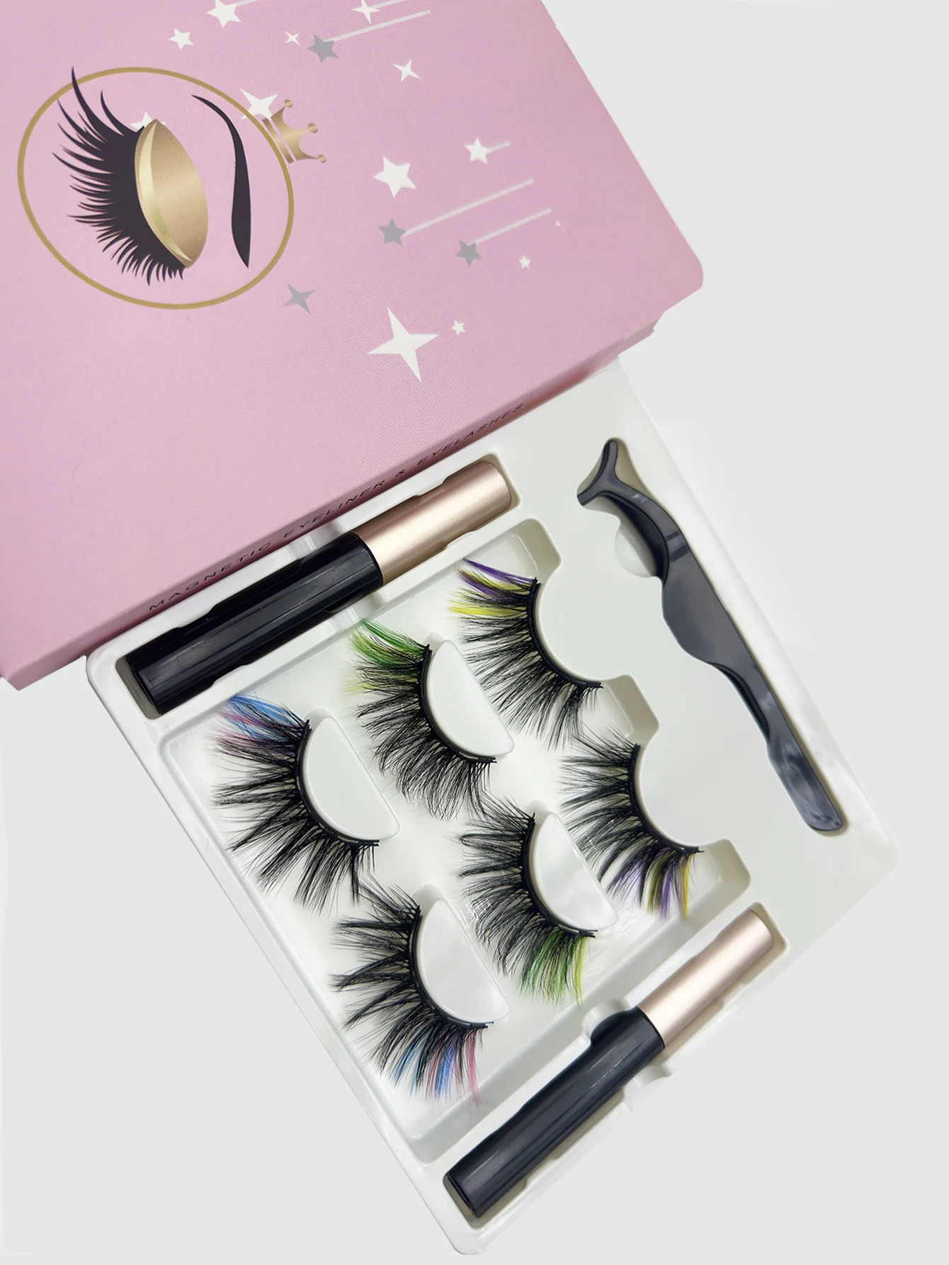 3 paires de faux cils colorés manuels, faux cils épais recourbés et stylo eyeliner magnétique