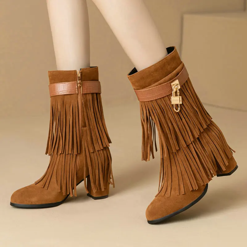 

Luxury Brand Metal Lock Mid-calf Western Women Boots With Fringes Tassels Cowboy Winter Shoes Block High Heels Big Size 50 51 52