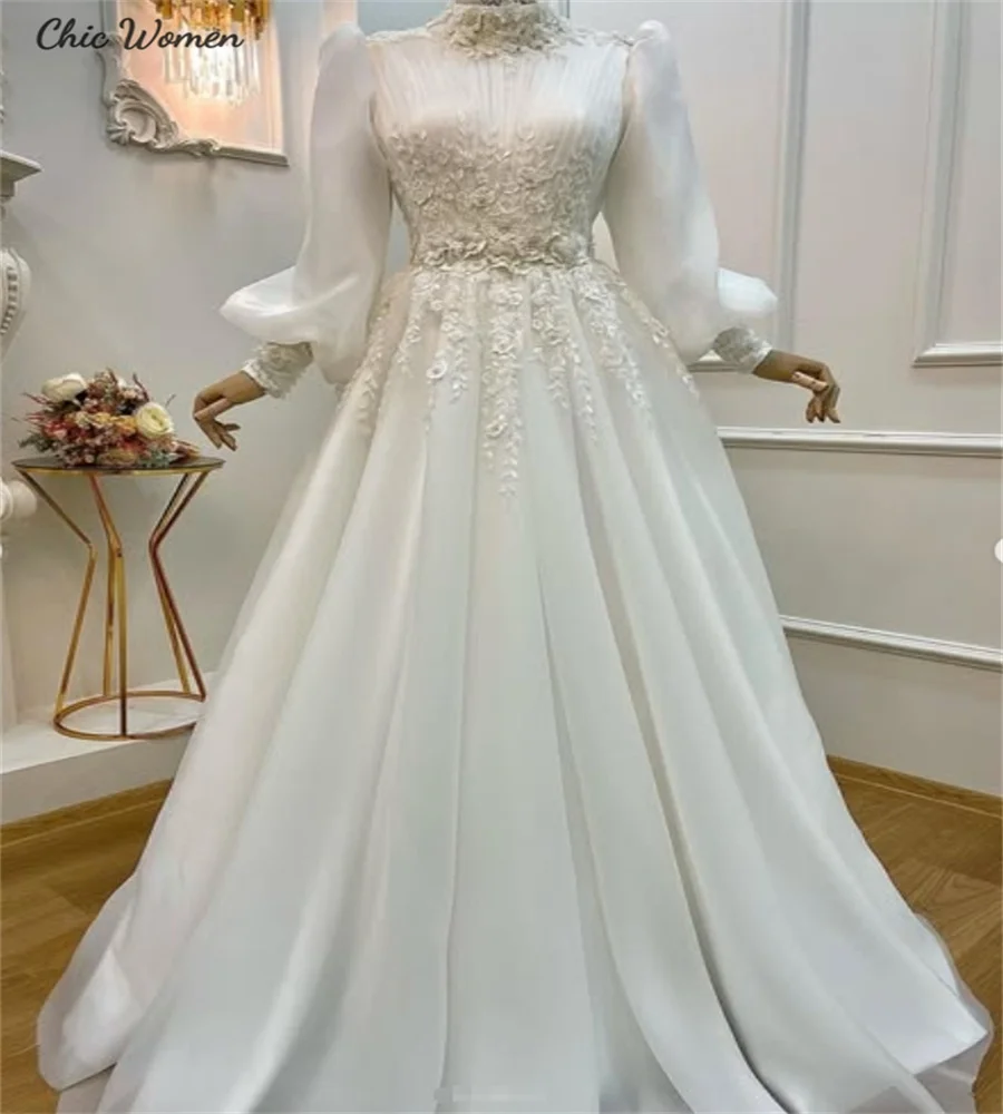 Vestido de novia musulmán modesto, encaje islámico, flores, país, musulmán, vestidos de novia de manga larga, línea A, novia de jardín celta personalizada