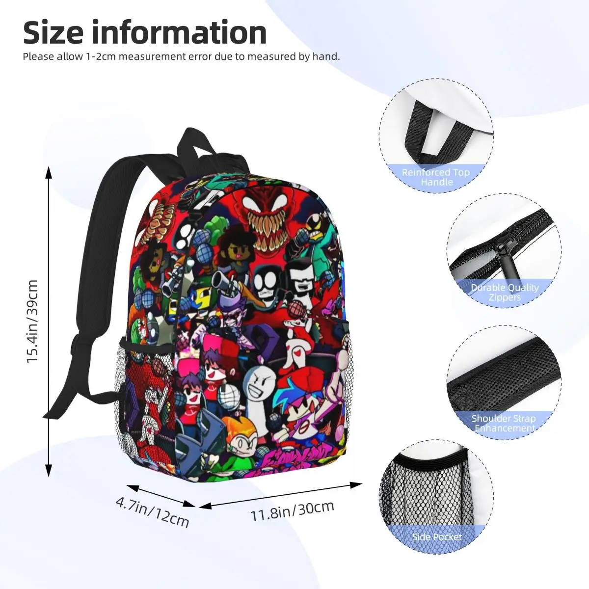 Vrijdagnacht Funkin Personages Fnf Game Bedrukt Lichtgewicht Casual Schooltas Voor School, Buiten, Winkelen, Kantoor 15Inch