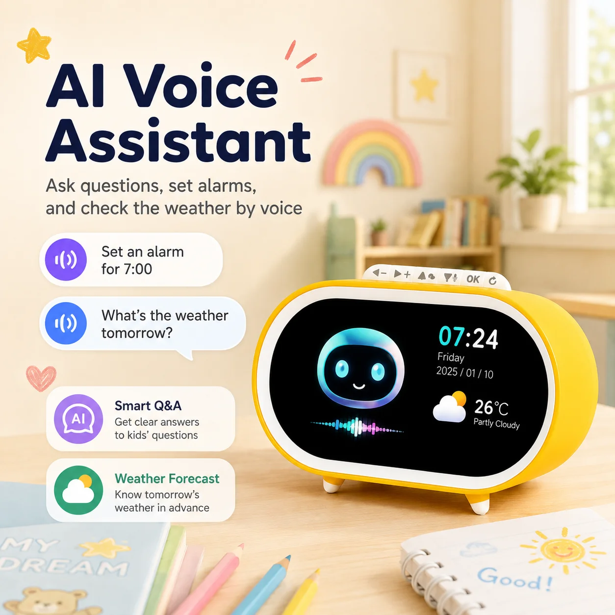 AI Smart Alarm Clock Talking Buddy Educational Toy for Kids Music/Stories Player Pomodoro Timer Cool Robot Gift for Boys Girls