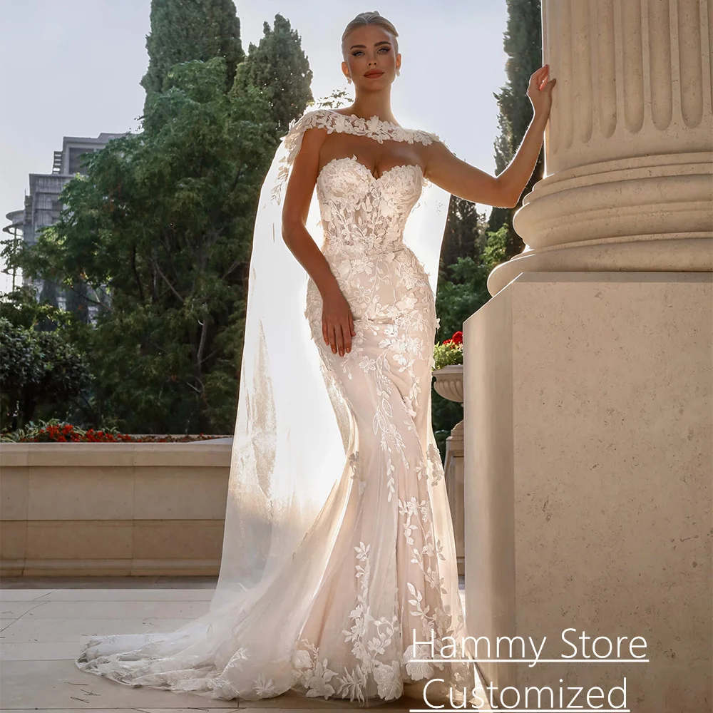 

High Quality Lace Mermaid Wedding Dress Customized Sweetheart Flowers Sequined Applique Corset Bridal Gown with Tulle Cape