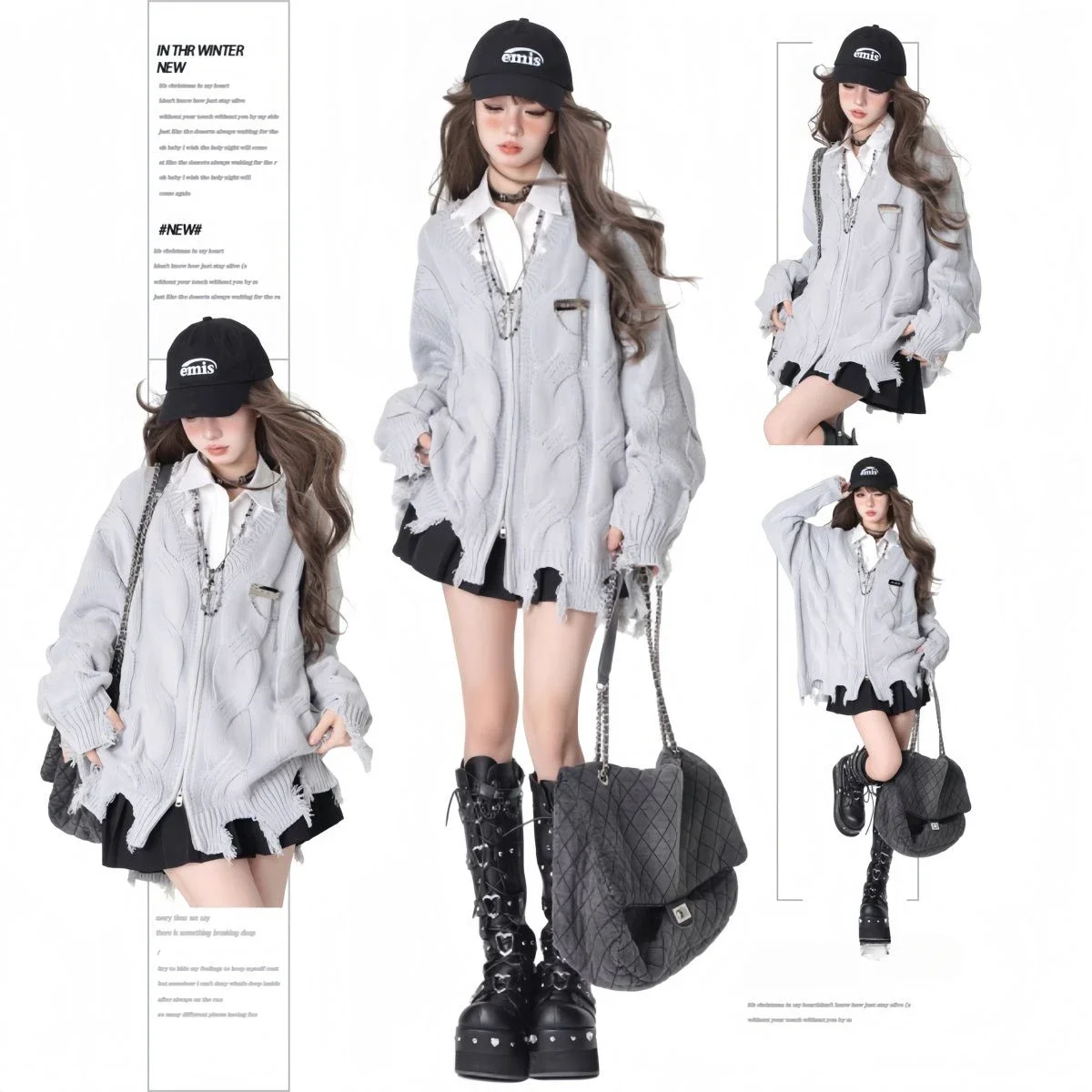 Autumn Winter Jacket Zipper Knitted Cardigan Black Harajuku Gothic Coat Y2k Tops Long Sleeve Outerwear Streetwear Gothic Clothes