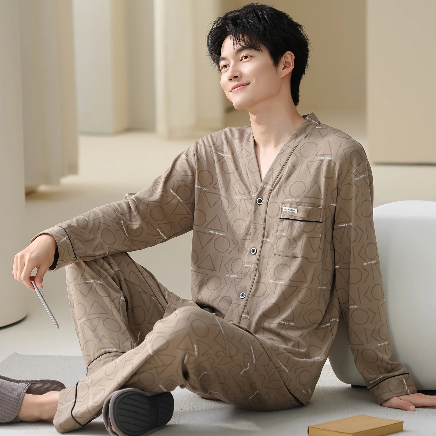 

Spring and Autumn Men Knited Cotton Pajamas Set Male Loose Casual Home Wear