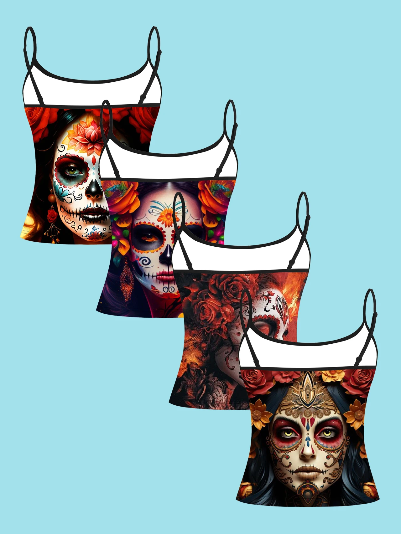 4-Piece Set of Mexican Day of the Dead Rose Sugar Skull Beauty Print Camisole for Women, Halloween Vintage Spaghetti Strap Slim-Fit Inner Top
