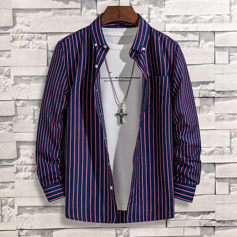 Spring Autumn New Fashion Striped POLO Collar Button Shirts Men\'s Clothing Long Sleeve Cardigan Korean Loose Trend Chic Blouses