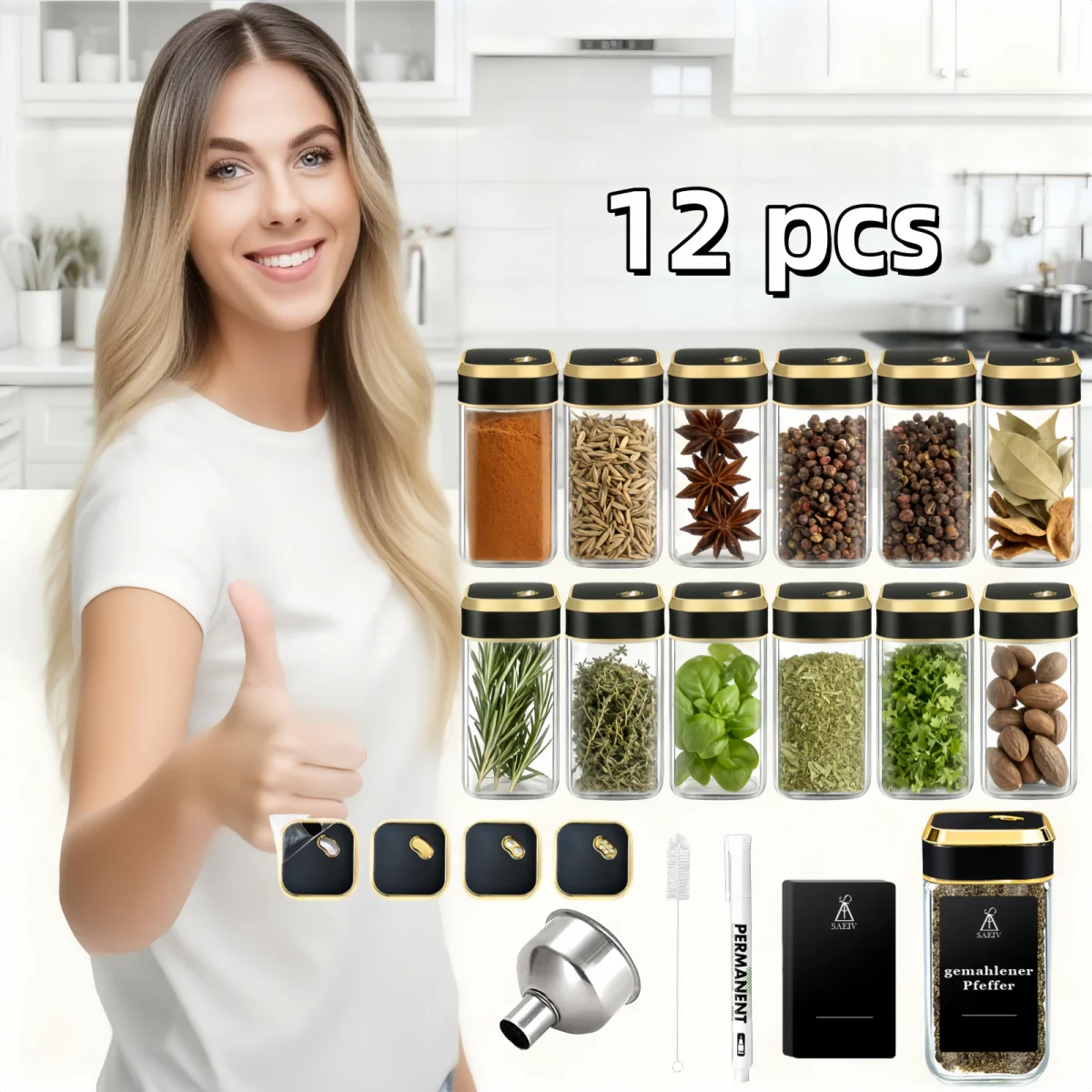 Saeiv 12/24 quadratisches goldfarbenes Gewürzglas, 360° °   Rotierendes Gewürzregal – frei verstellbar, Gewürzbehälter-Set, Gewürzetiketten, Gewürzgläser aus Glas, zur ordentlichen Gewürzaufbewahrung