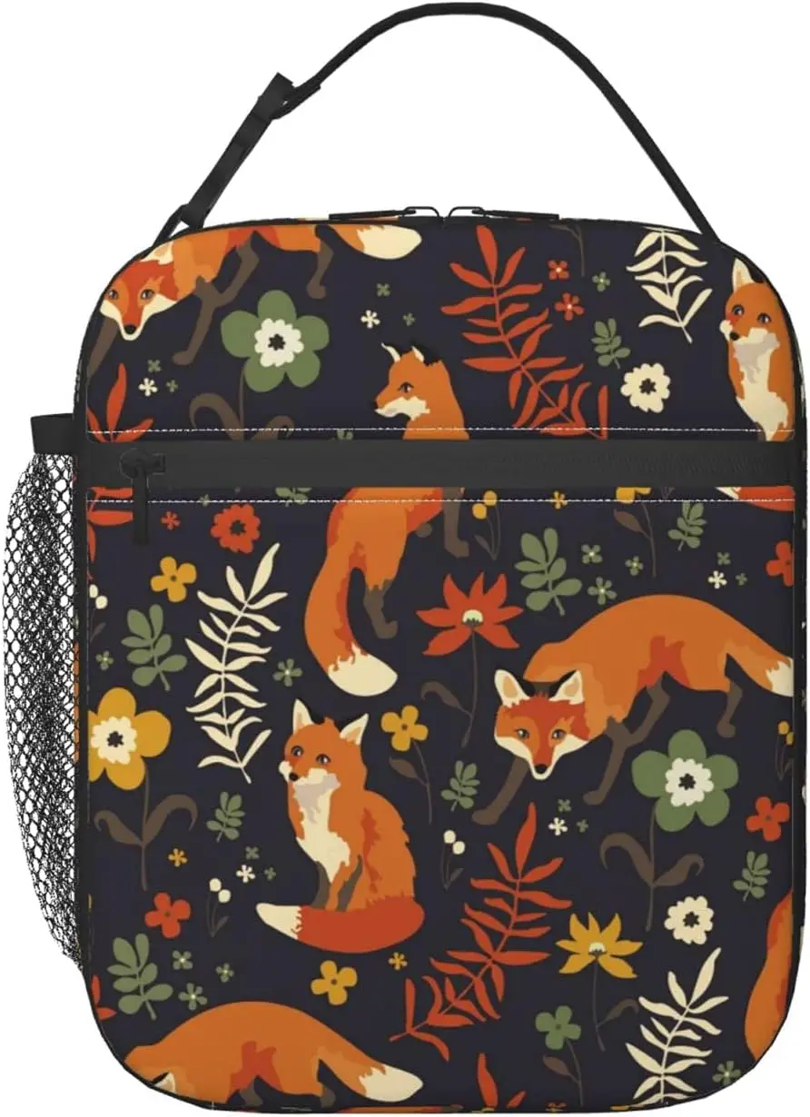 Foxes Walk In Grass and Flowers Lunch Bag Orange Fox Insulated Lunch Box Cooler Bento Tote for Work School Picnic Beach