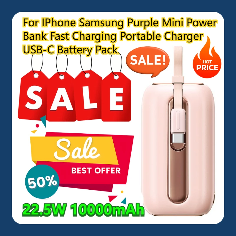 

For IPhone Samsung Purple 10000mAh Mini Power Bank 22.5W Fast Charging Portable Charger USB-C Battery Pack