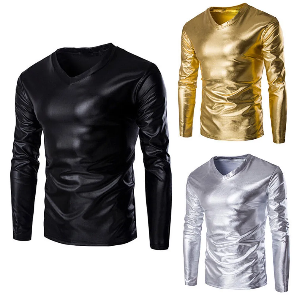 Fashion Mens Shiny Wet Look Long Sleeve T-shirt Top Slim Fit V Neck Blouse Nightclub Style Long Sleeve Tops For Men