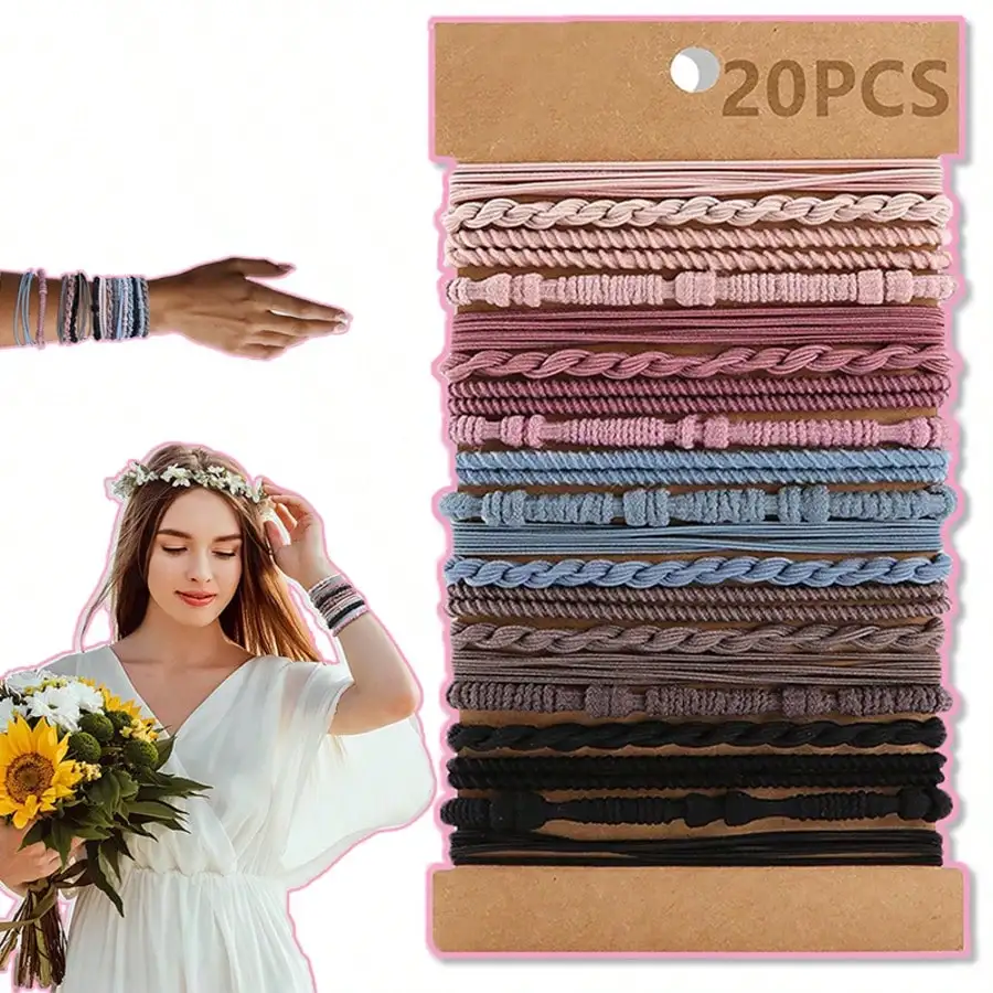 

20PCS Boho Style Hair Tie, Minimalist Headwear Suitable For Thick Hair, Braid, Fashion Hairstyles Band Hair Accessories For Party, Daily Clothing Decor