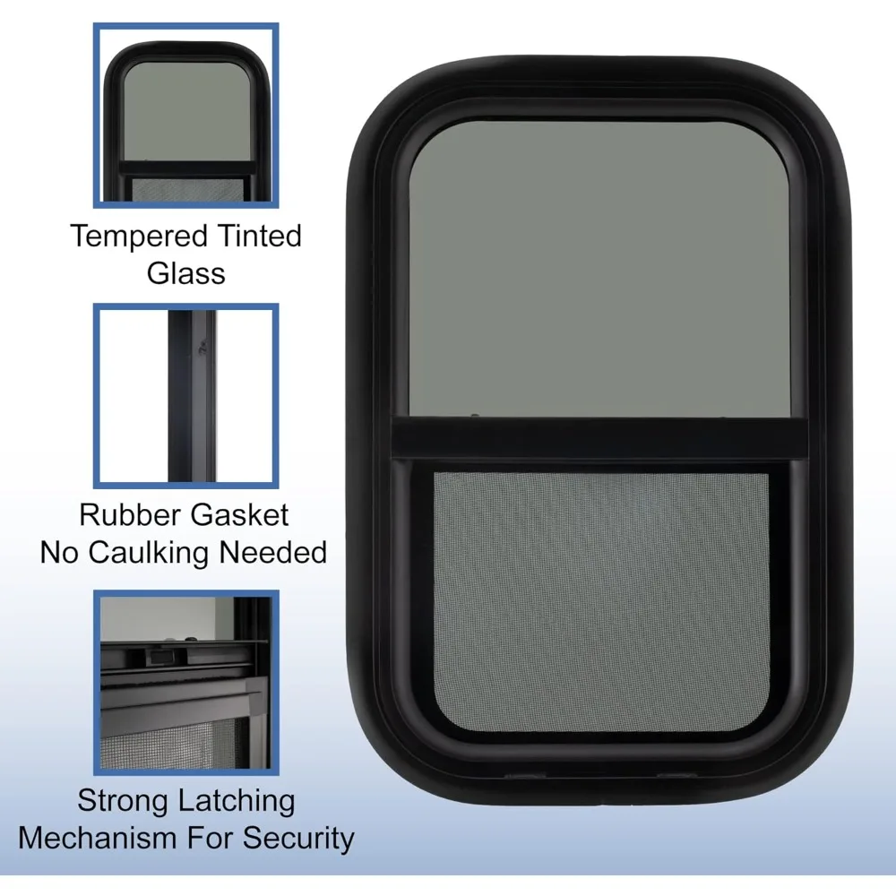 استبدال نافذة RV ذات الشريحة العمودية، 15 × 22، زجاج مقسى، أسود، صنع في الولايات المتحدة الأمريكية #2