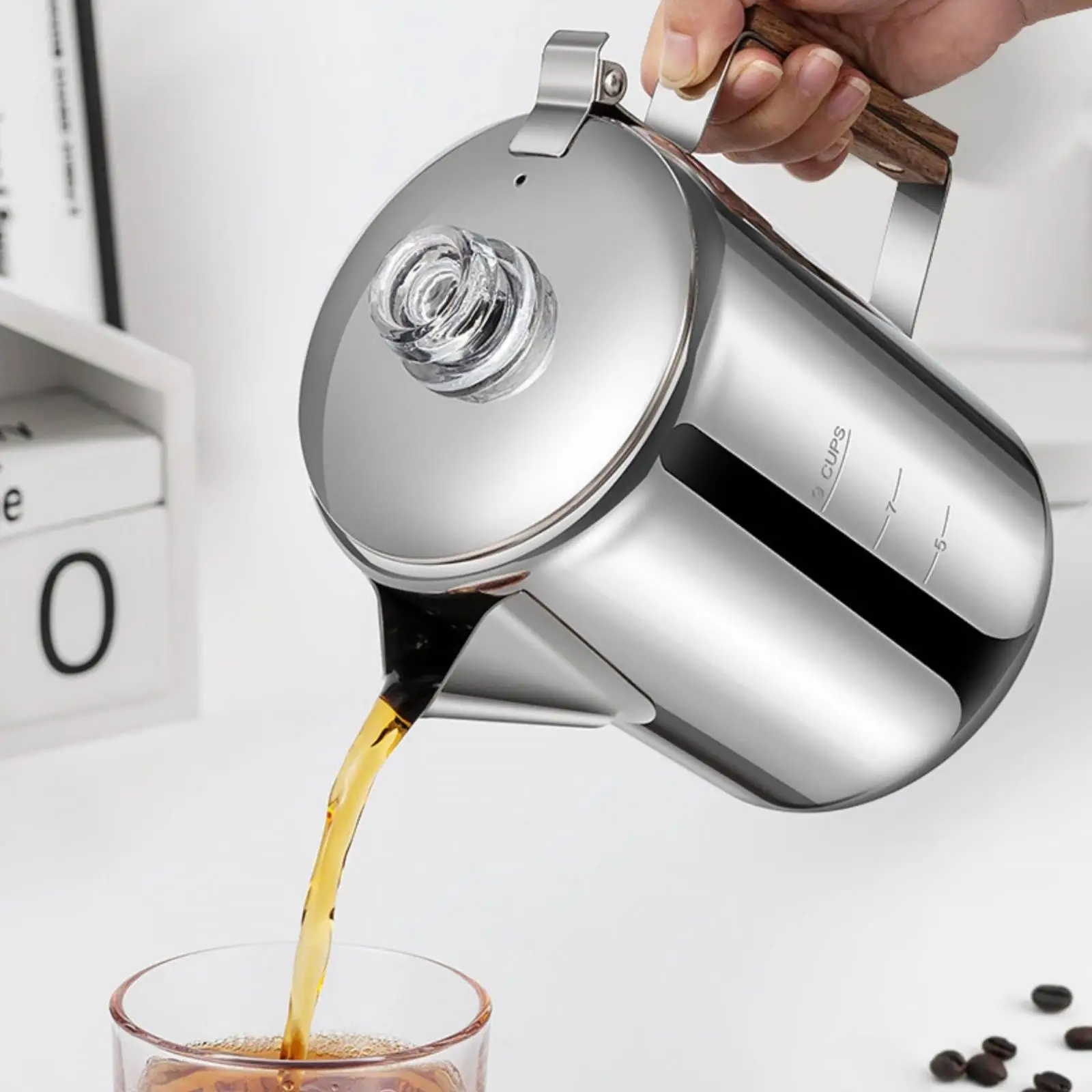 Stainless Steel Coffee Pot with Filter Long-Lasting Coffee Pot with Wooden