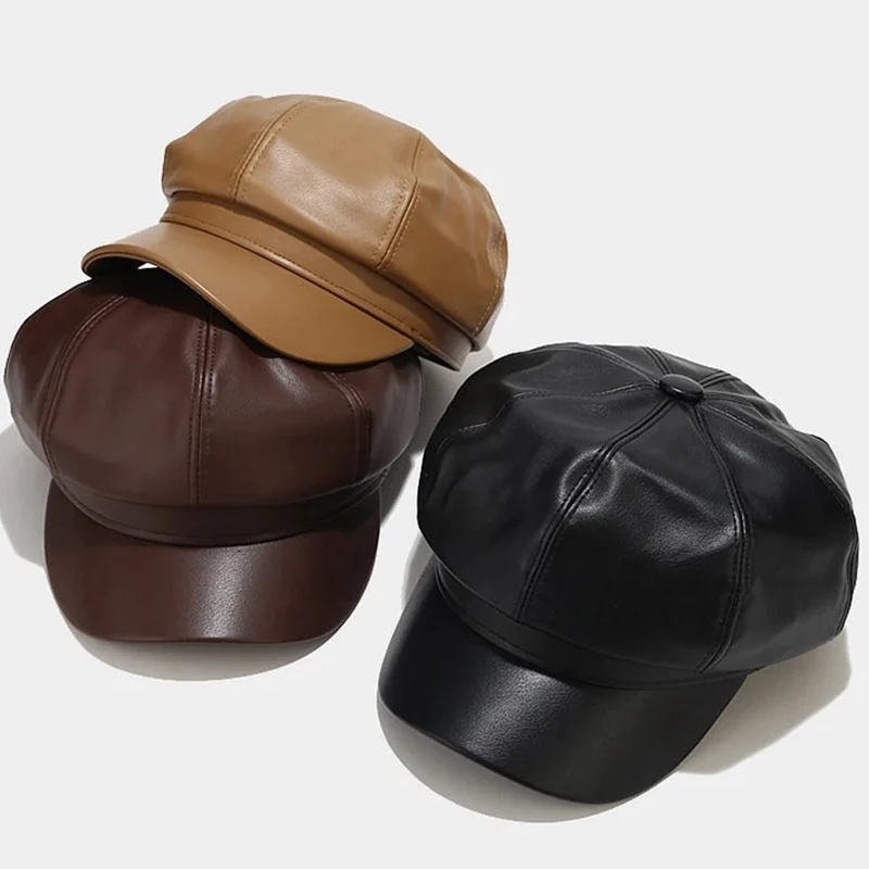 Fashion PU Leather Hats for Men Women Winter Warm Leather  Cap Female Korean Retro Octagonal Artist Painter Cabbie Beret