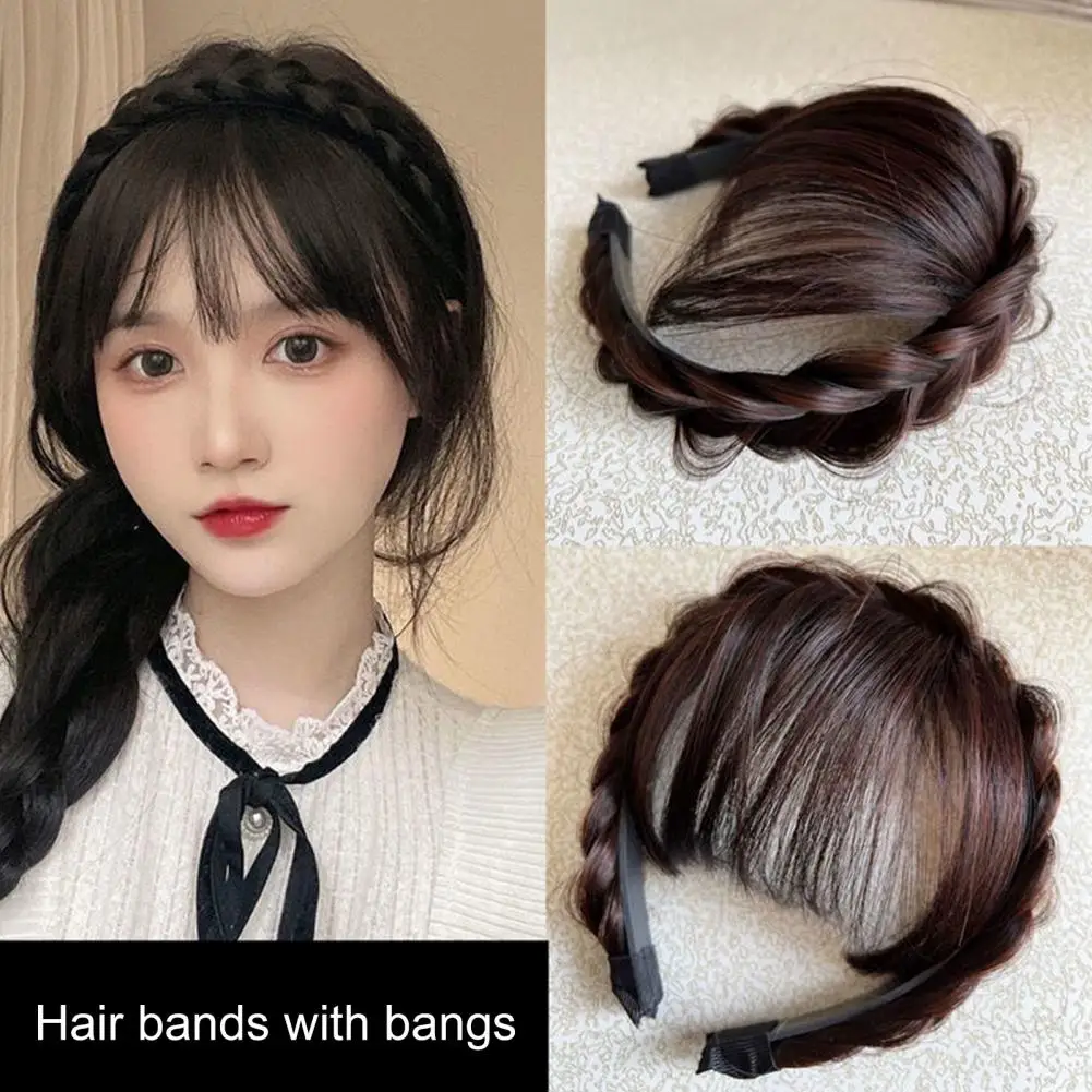 13cm Wig Bangs Cushioned Cranial Vault Fluffy Covering Hair Slits Natural Realistic Light Braided Headband Bangs Wig For Dating