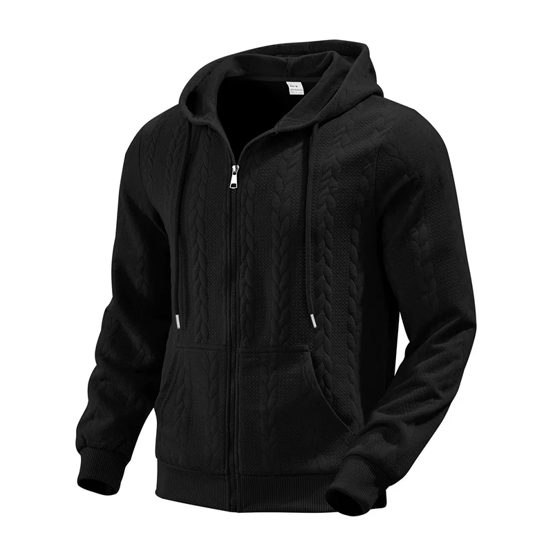 2025 ربيع الخريف نمط جديد الرجال فضفاض لون نقي سستة موضة الجاكار محبوك جاكت مزود بغطاء للرأس الرجال عادية البلوز اللياقة البدنية