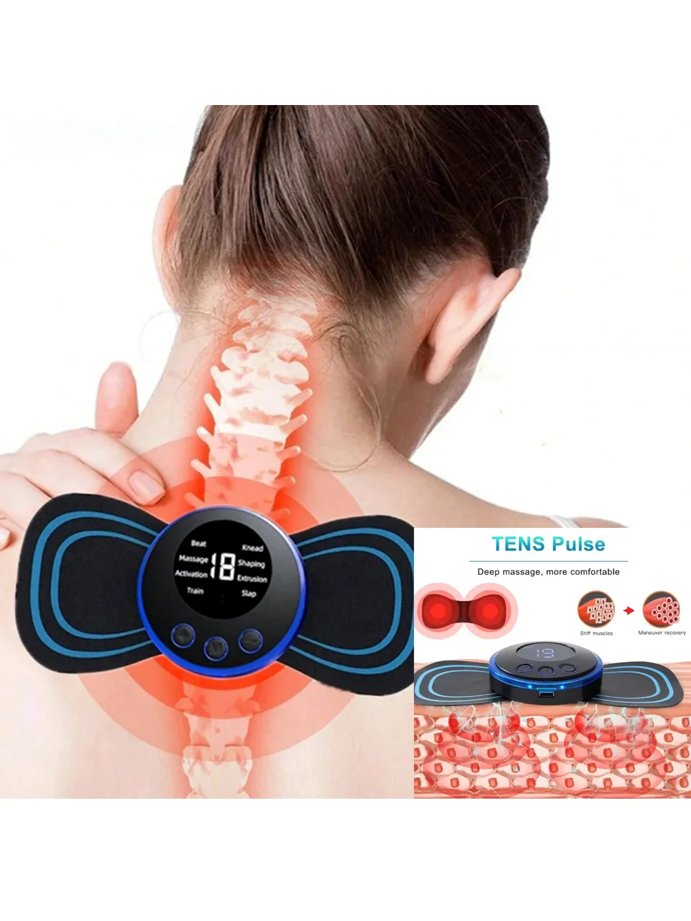 

2026, ЖК-дисплей, EMS, массажер для шеи, электрический массажер, пластырь для шеи и спины, 8 режимов, импульсный стимулятор мышц, портативная перезаряжаемая батарея