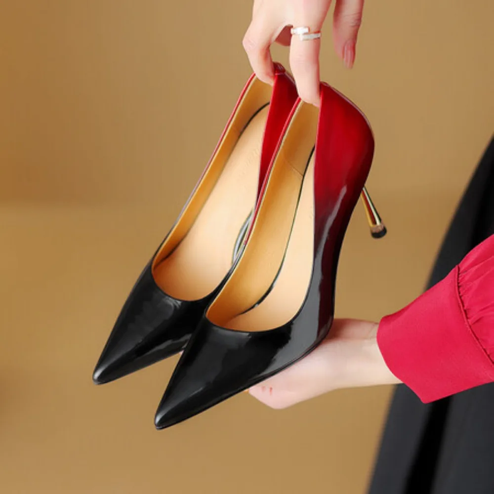 

Туфли женские на высоком каблуке 8,5 см, Натуральная Воловья кожа, заостренный носок, тонкий каблук, элегантность, постепенно меняет цвет