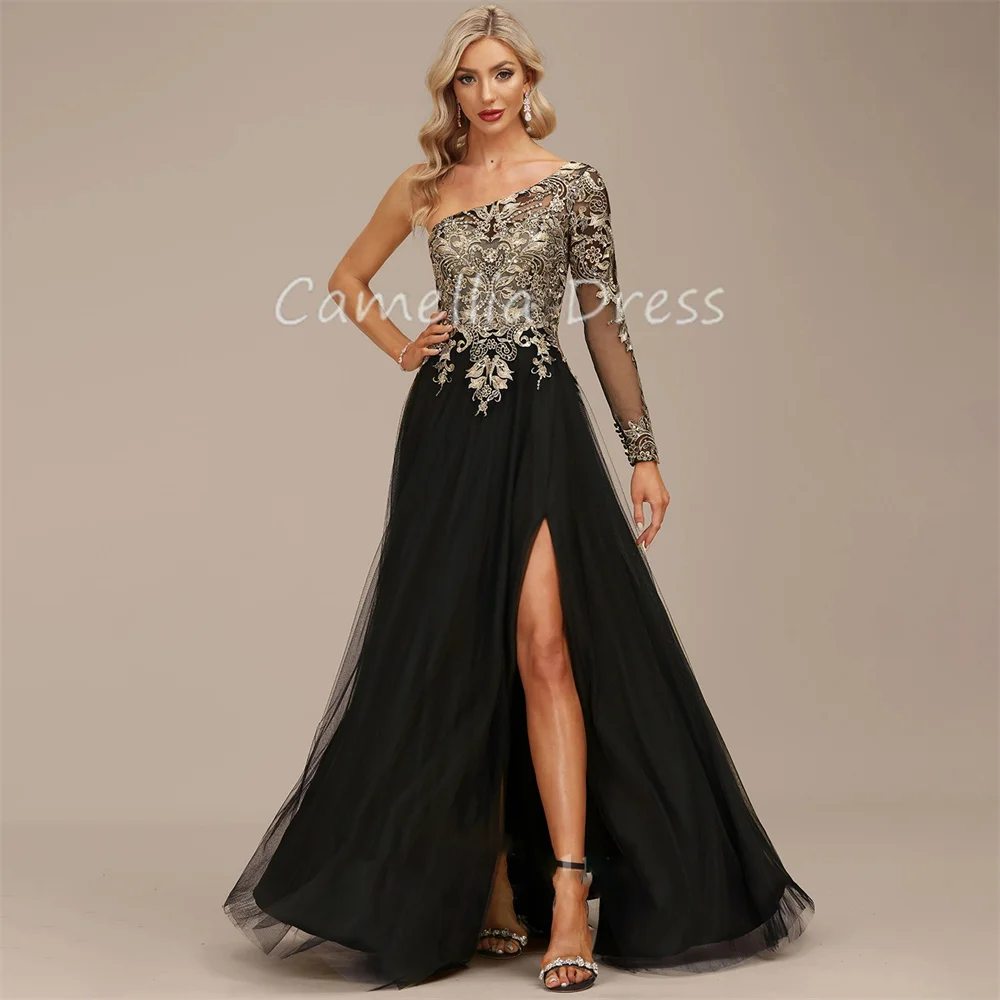 

Classic A-line Evening Dresses One Shoulder Sequins Party Dresses Lace Tulle Formal Dresses Vestidos De Fiesta فساتين السهرة