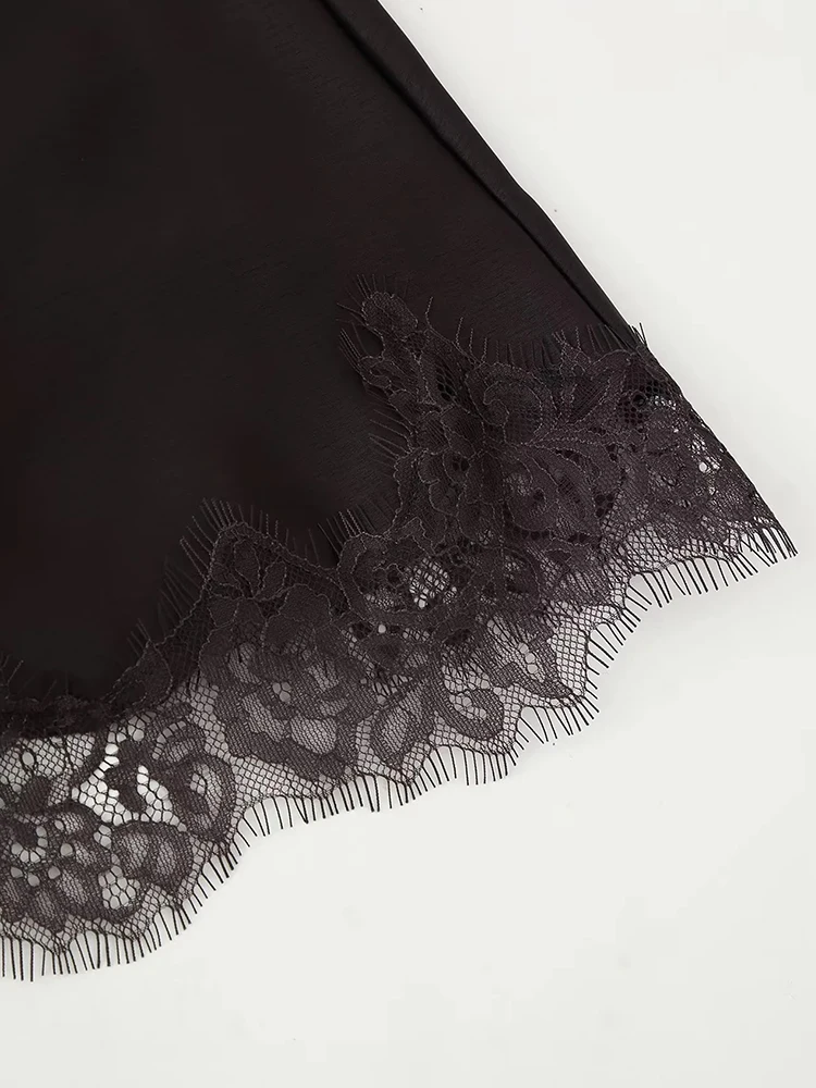 Damska Nowa Seksowna Sukienka z Satyny z Koronkowymi Wstawkami, Czarna Bez Rękawów z Dekoltem w Serek, Luźna Sukienka na Wakacje, Imprezę, do Klubu, Vestidos