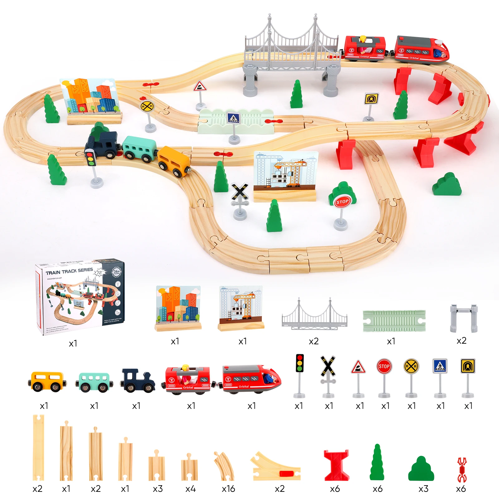72/108-teiliges Montessori-Set mit Holzzügen, Autos und Eisenbahn-Elementen, Holzeisenbahn-Set als Geschenk für Jungen und Mädchen
