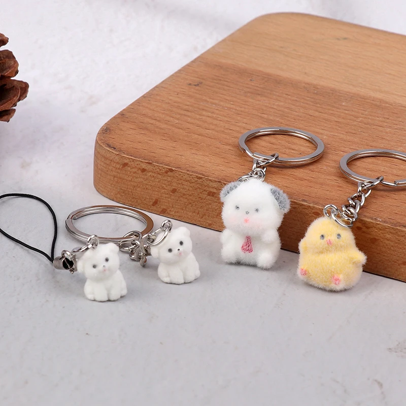 Cute Flocking Puppy Keychain Cartoon Puppy Dog Phone Chain Earphone Case Pendant Lanyard Backpack Bag Decor Car Key Ring