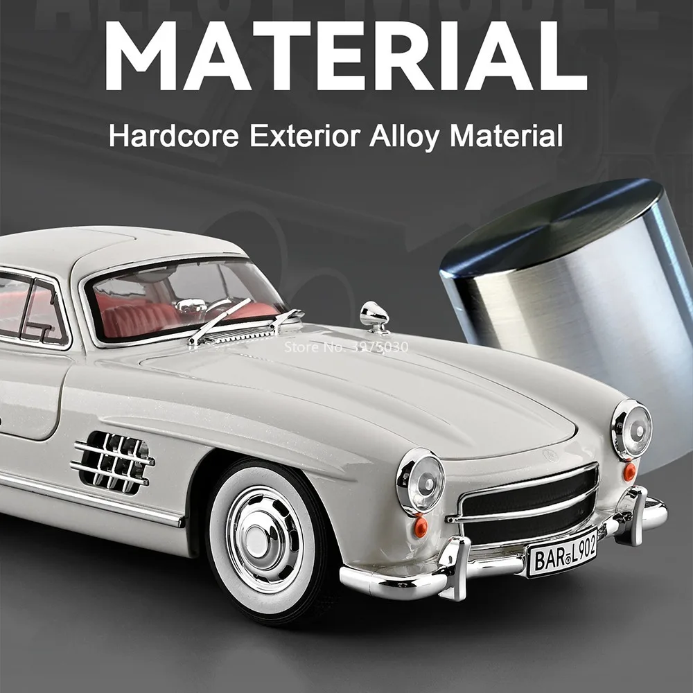 1:18 Legering Benz 300SL Auto Modellen Diecast Speelgoed Rubberen Banden Wiel Trek Miniatuur Vintage Auto Licht Muziek Voertuig Home Decor