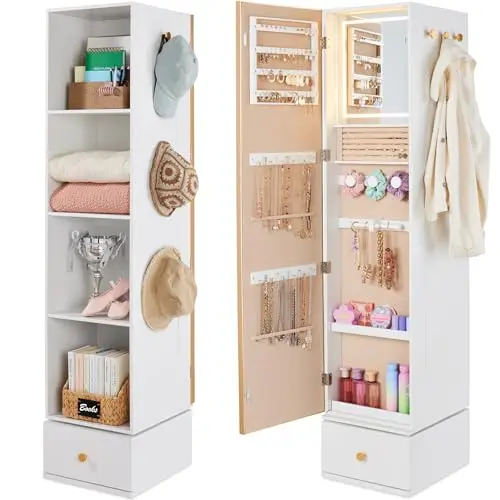Rotating Mirror w/Storage Cabinet, 360 Swivel Jewelry Armoire w/Full-Length Mirror, Gold Metal Frame Tower w/Cube