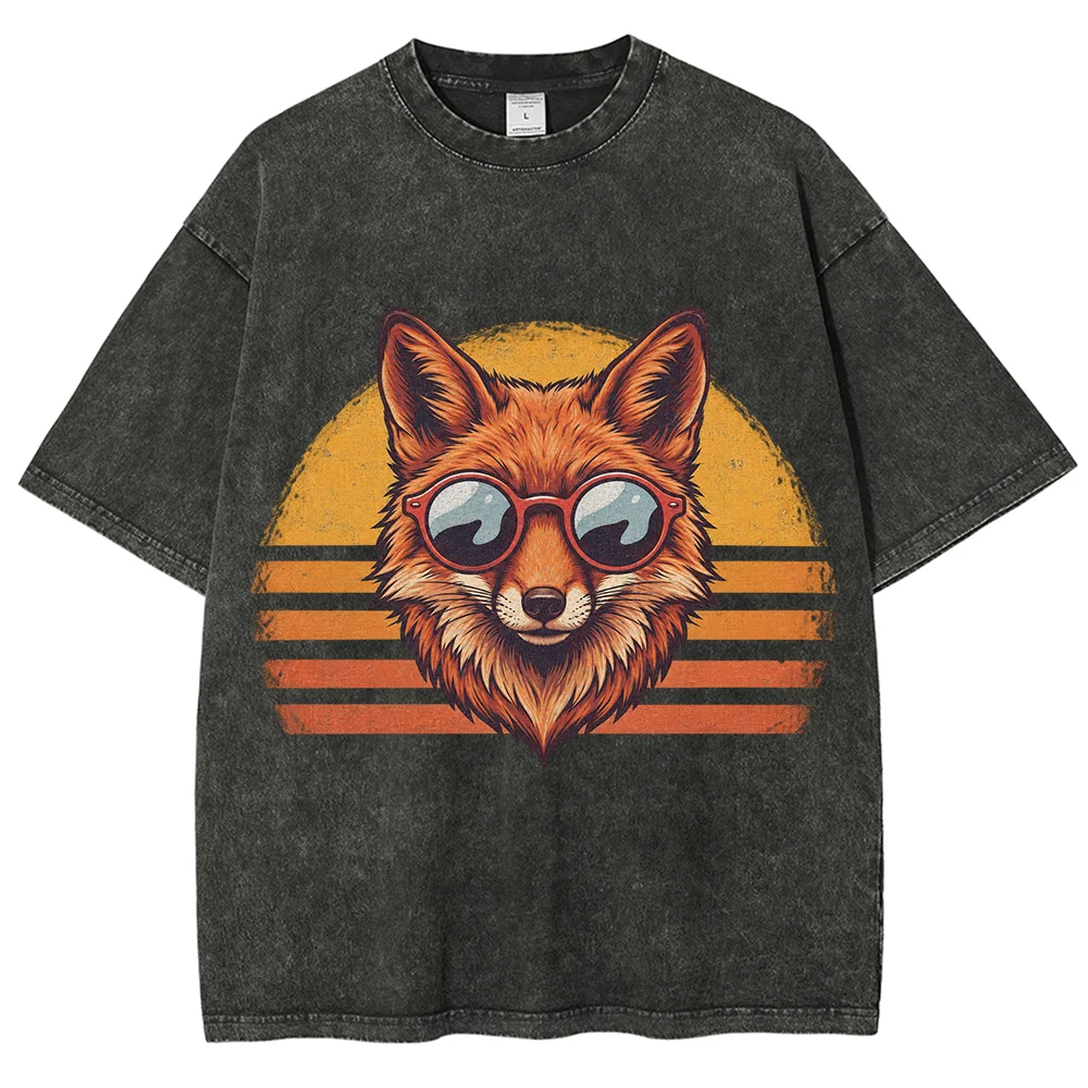 Vintage Fox Graphic T Shirt Cool Animal Sunglasses Sunset Print for Men Women Unisex Short Sleeve Retro Casual Tee