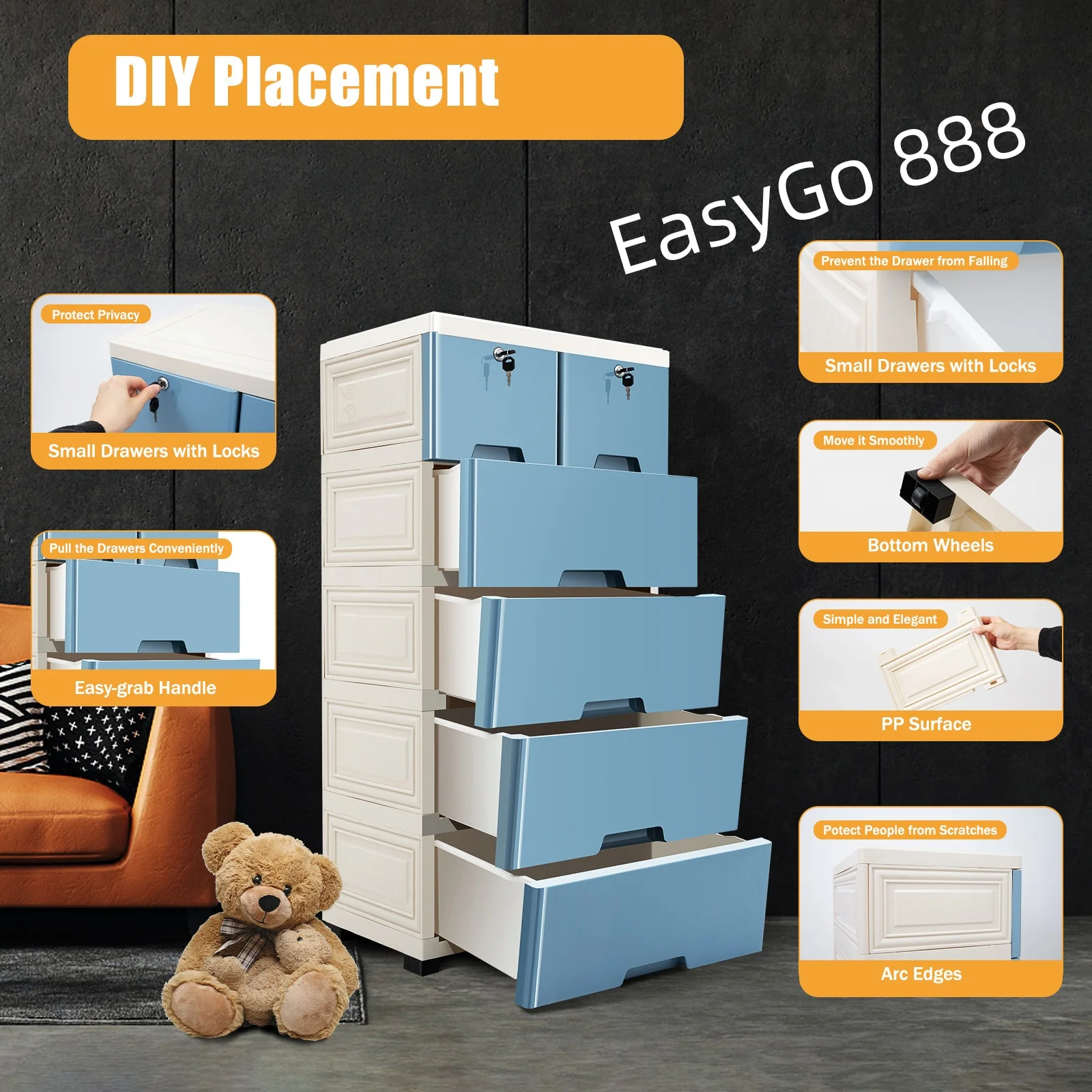 

50cm 5-Tier Rolling Storage Cabinet with 6 Lockable Drawers - PP Detachable Organizer for Bedroom/Living Room, Blue