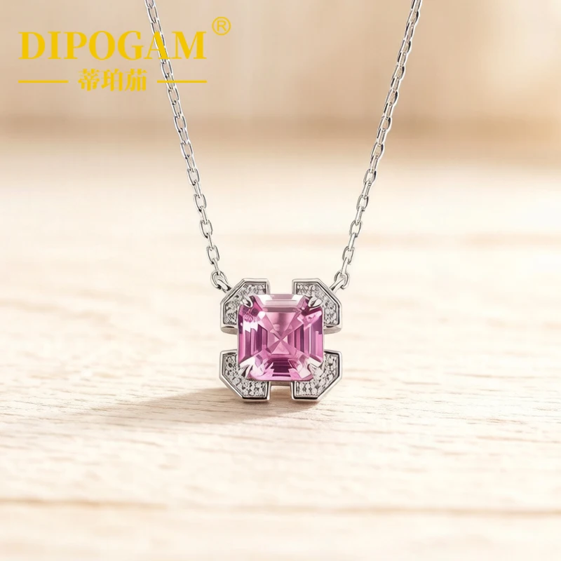 

925 Sterling Silver Lab Created Pink Gemstone Necklace Asscher Cut Pendant Elegant Fine Jewelry Chain Fashion Gift For Women
