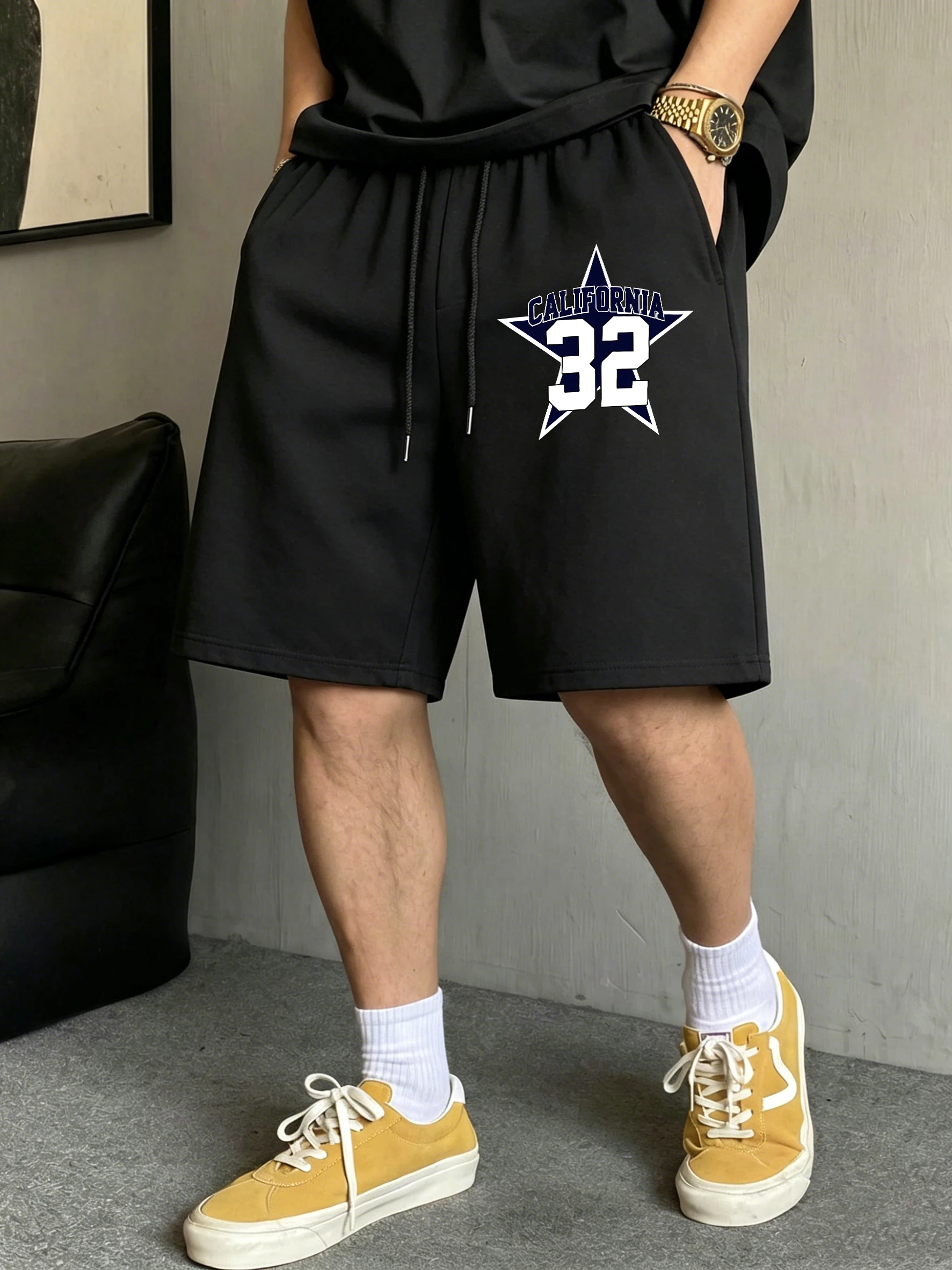 

California Star 32 Print Pocket Swimming Trunks Mens Summer Drawstring Shorts Loose Wide-Leg Pants Black Unisex Retro Sportwear