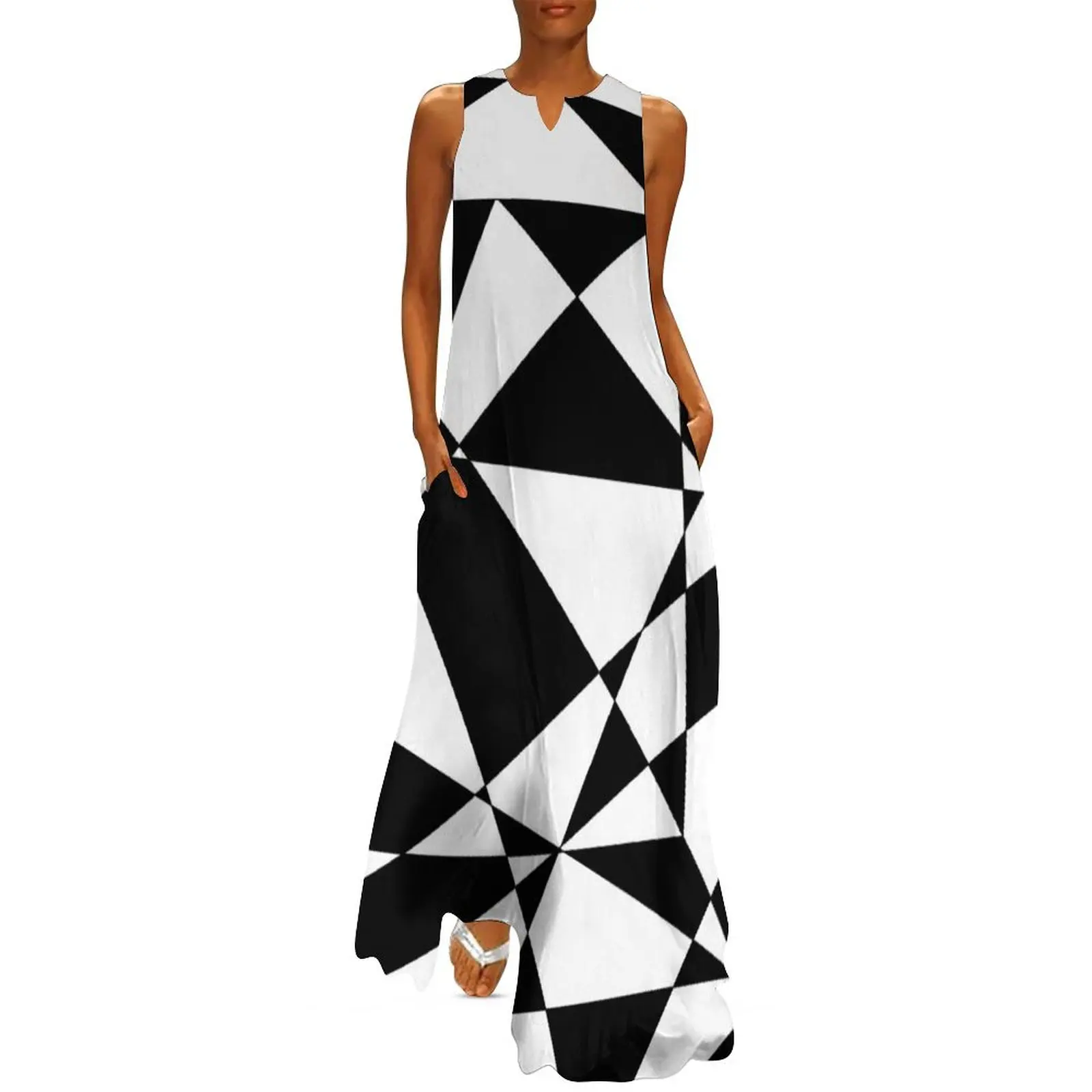 

Black and White Retro Geometric Pattern Long Dress Party dresses for women dress for women cute dress loose women's